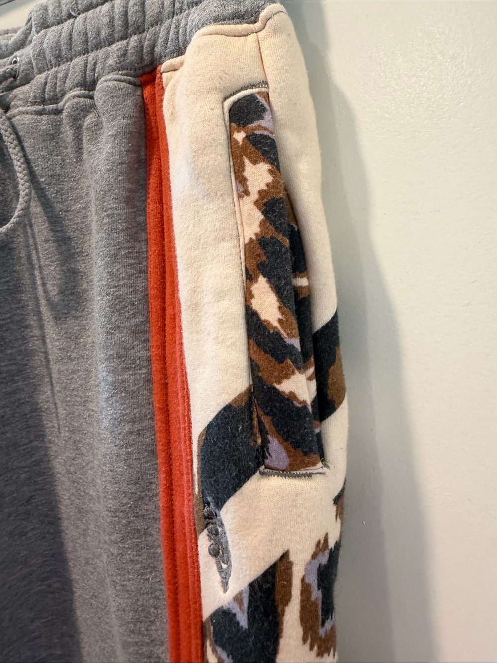 Free People Gray Jogger Bottoms with Leopard Side Panels and Orange Trim - Picture 3 of 5